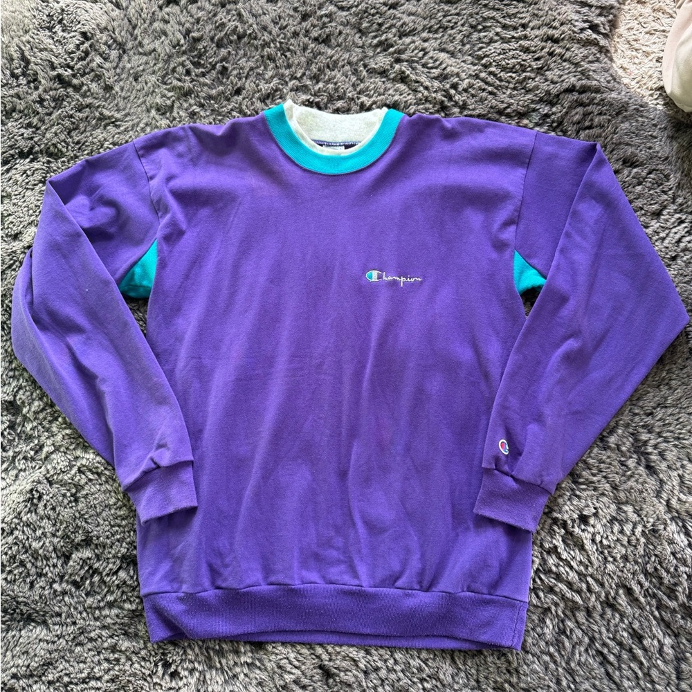 Vintage Champion Purple and Teal Women's Sweatshirt